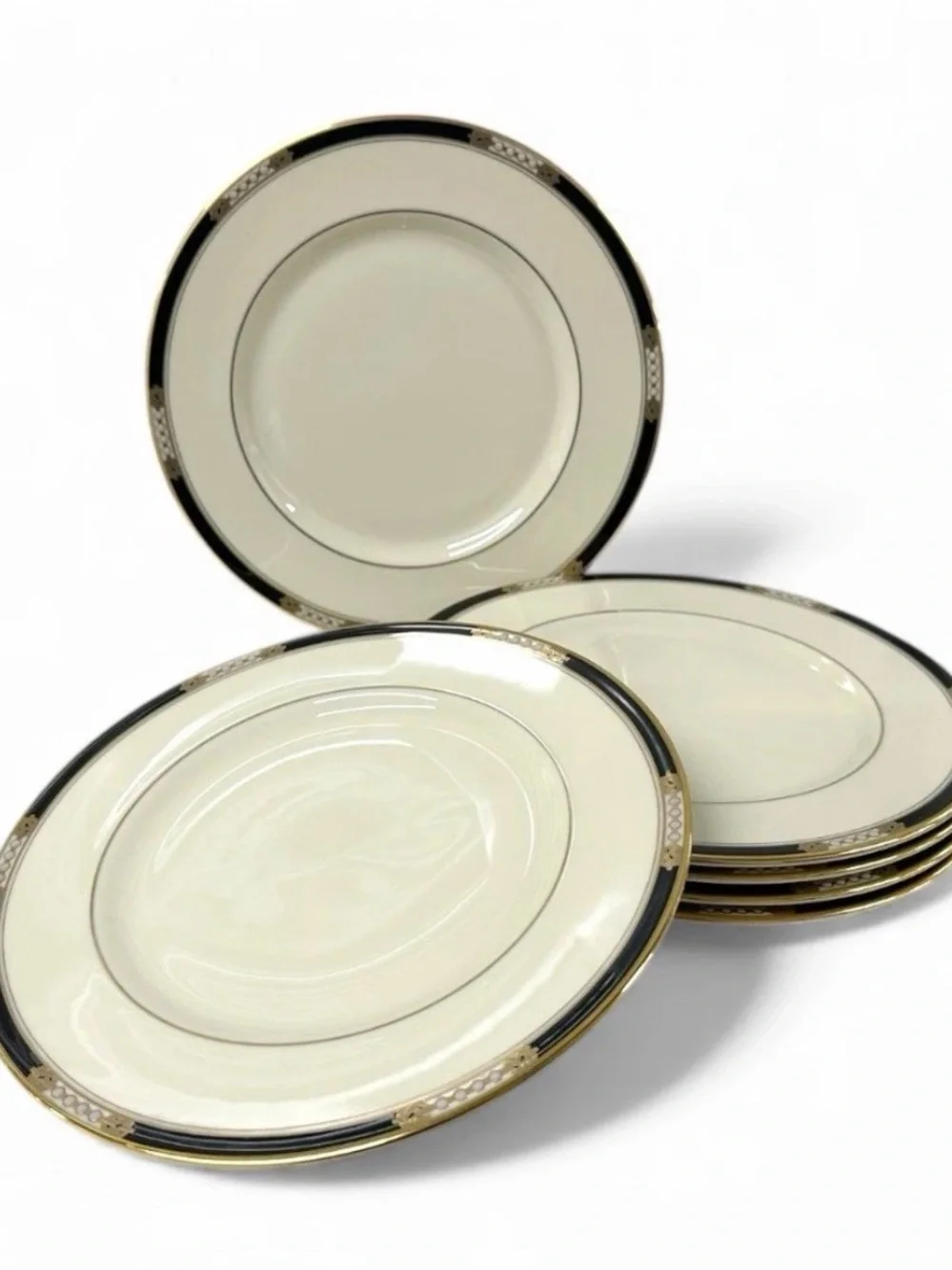 Lenox Hancock Salad Plates Set of 6 8.5” Black 24K Gold USA Bone China Vintage